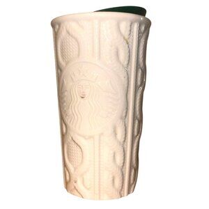 Starbucks White Ceramic Cable Knit Tumbler With Green Lid 10 Fl Oz